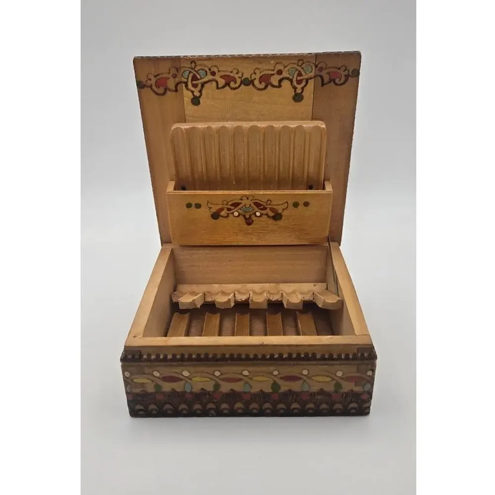 Vintage Wooden Pyrography Cigarette Box Pre-Loved
